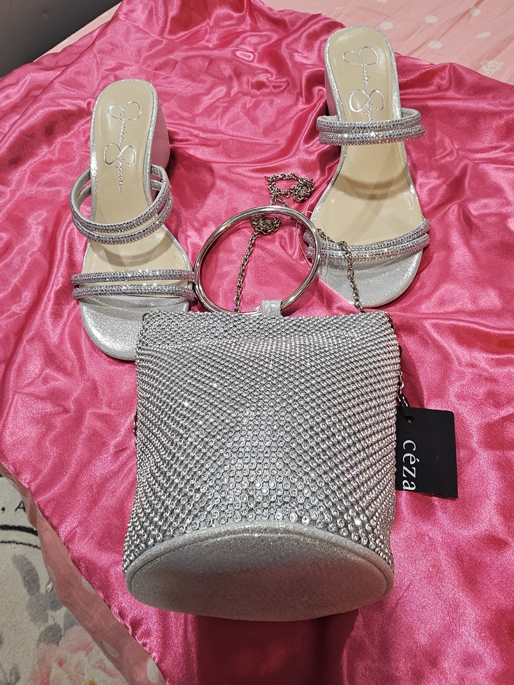 Set Of Silver Crystal Bucket Handbag And Wedge Sandals
